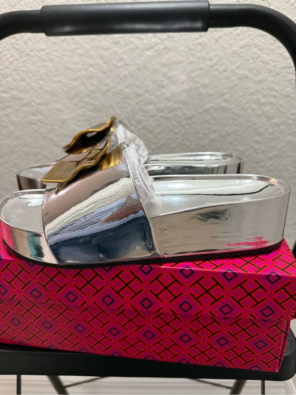 Tory Burch Metallic Silver Platform Slide Sandals with Gold Accents